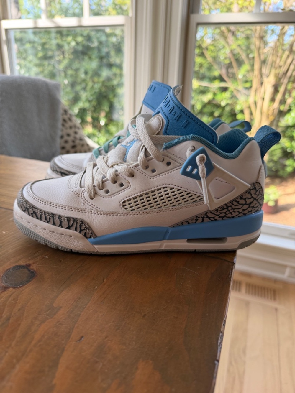 Nike Kids White and Light Blue Jordan Style Sneakers